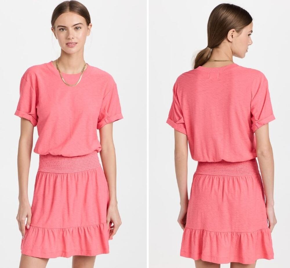NATION LTD Moxie Easy T-Shirt Mini Dress Medium Strawberry Pink Blouson Smocked